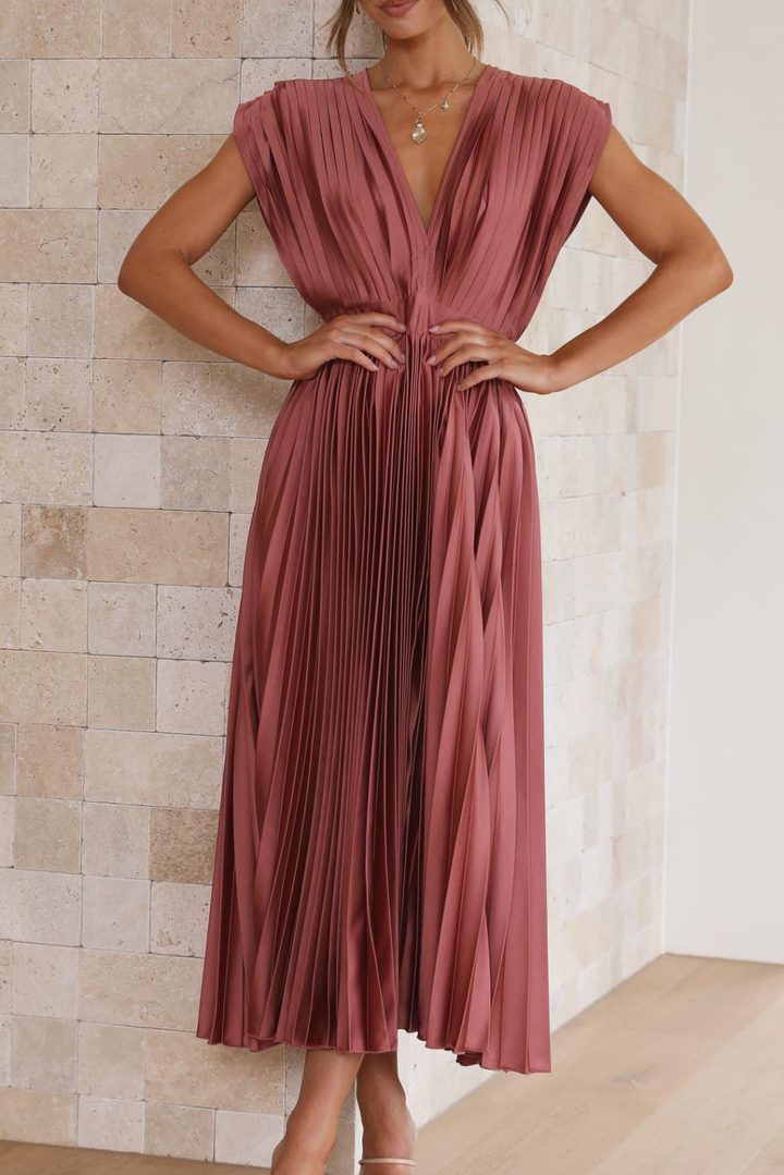Cosette | Women's Elegant Pleated V-Neck Midi Dress