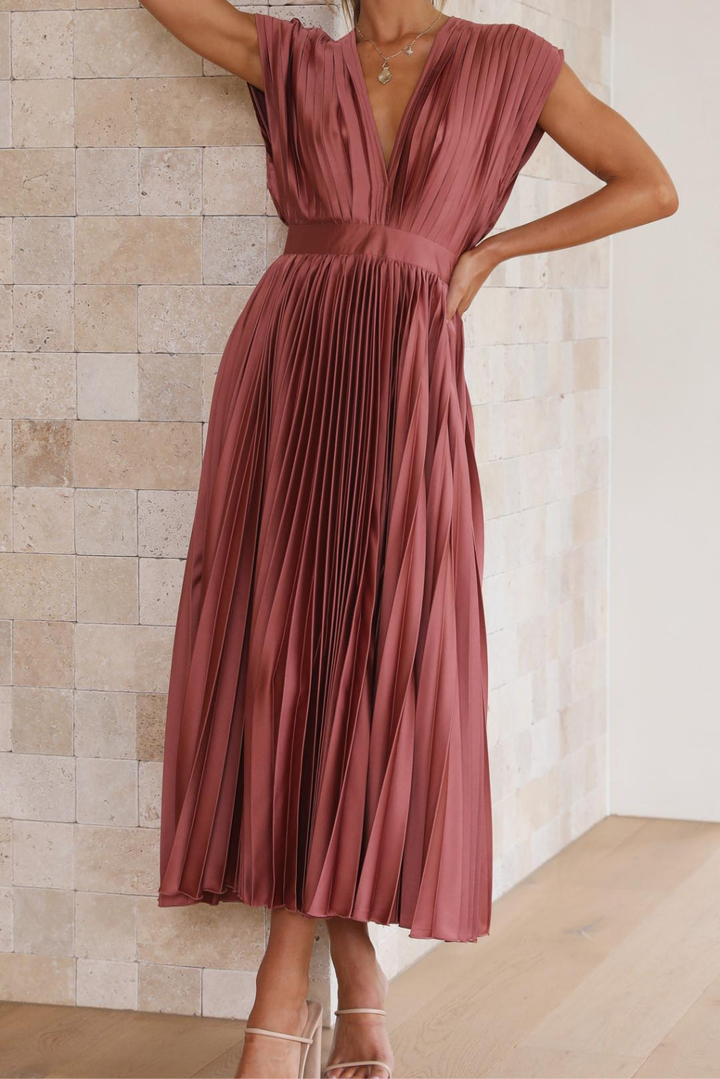 Cosette | Women's Elegant Pleated V-Neck Midi Dress
