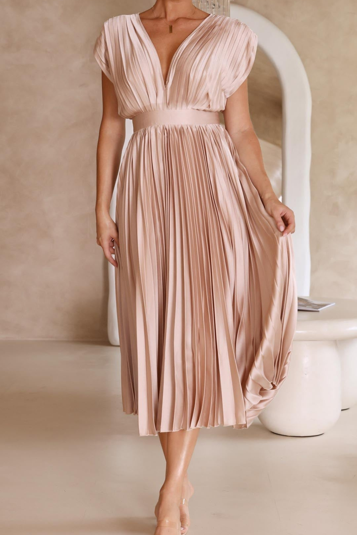 Cosette | Women's Elegant Pleated V-Neck Midi Dress