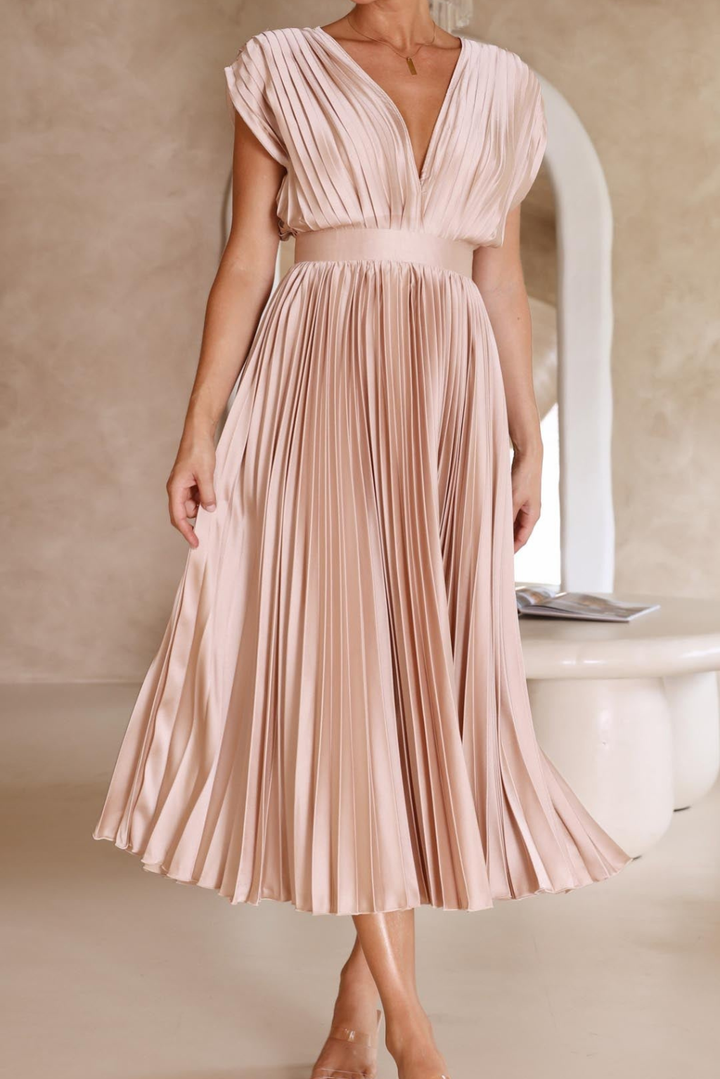 Cosette | Women's Elegant Pleated V-Neck Midi Dress
