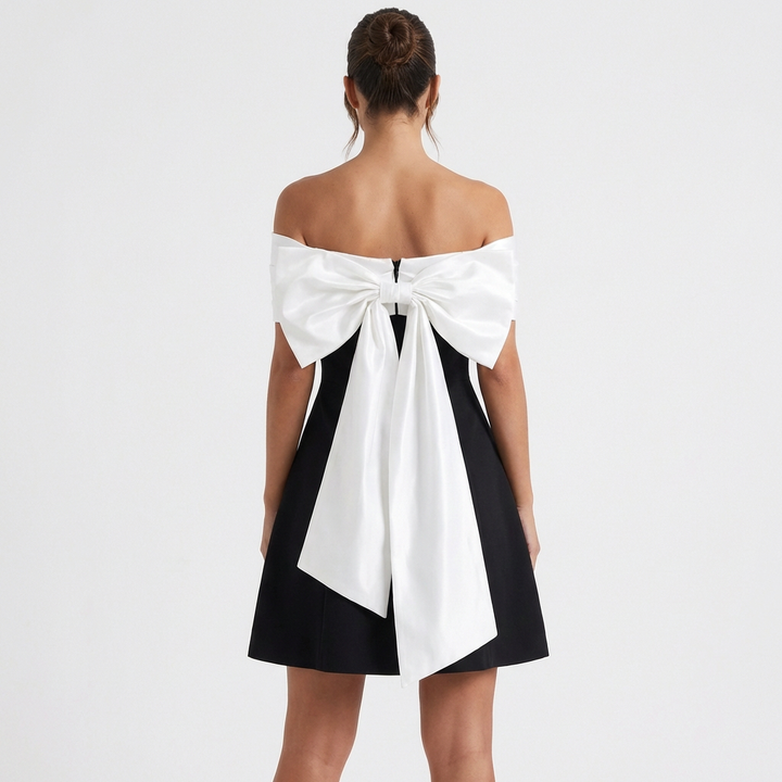 Ava | Women's Chic Off-Shoulder Contrast Band Mini Flare Dress