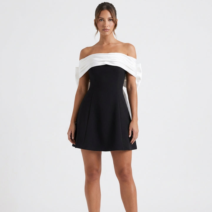 Ava | Women's Chic Off-Shoulder Contrast Band Mini Flare Dress