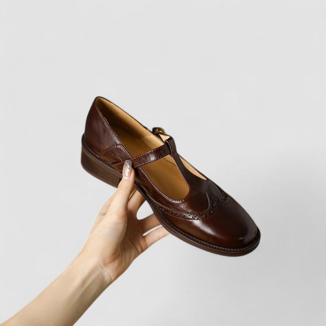 Charlotte | Women's Mary Jane Shoes With Brogue Detail And Block Heel | Vintage