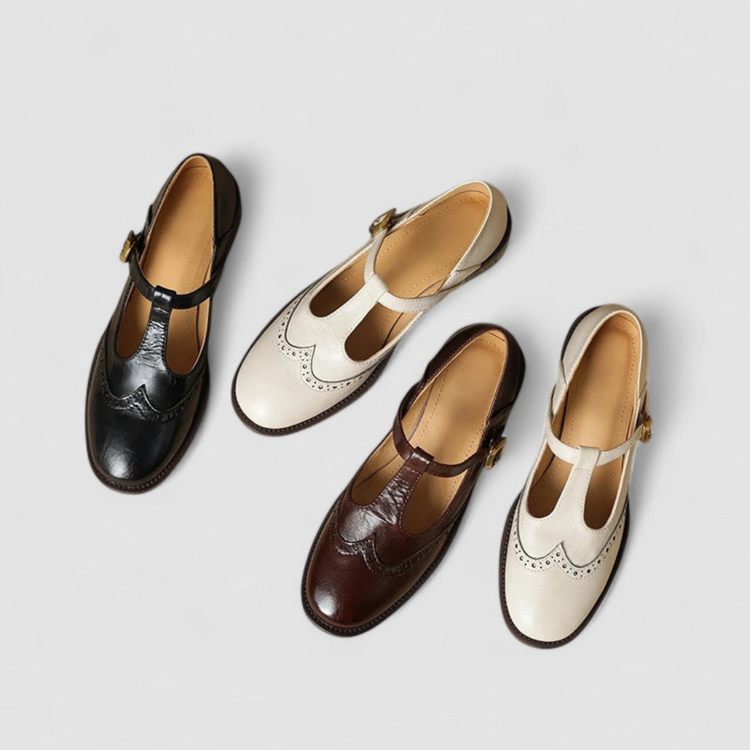 Charlotte | Women's Mary Jane Shoes With Brogue Detail And Block Heel | Vintage