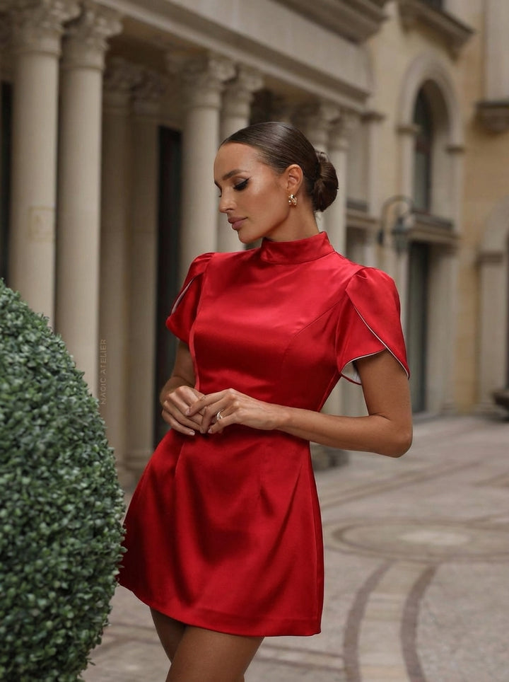 Charlotte | Women's White Graduation Dress With Puff Sleeves And High Neck | Elegant