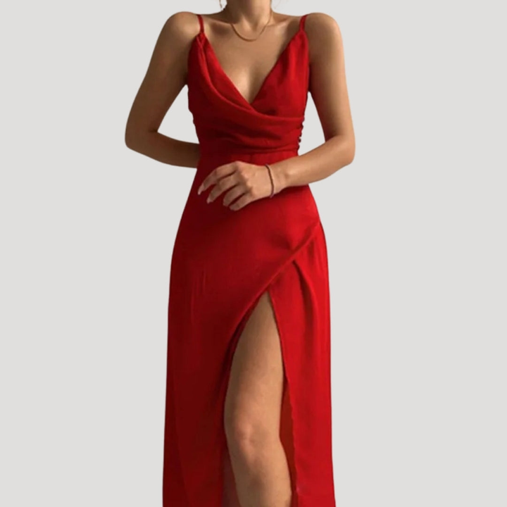 Harper | Women's Wedding Guest Dresses With Draped Neckline And High Slit | Alluring