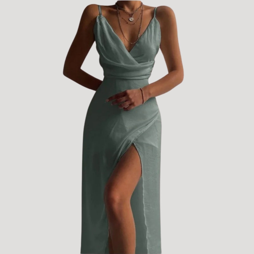 Harper | Women's Wedding Guest Dresses With Draped Neckline And High Slit | Alluring