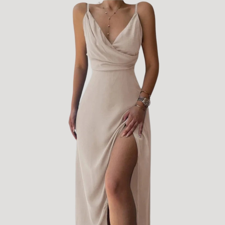 Harper | Women's Wedding Guest Dresses With Draped Neckline And High Slit | Alluring