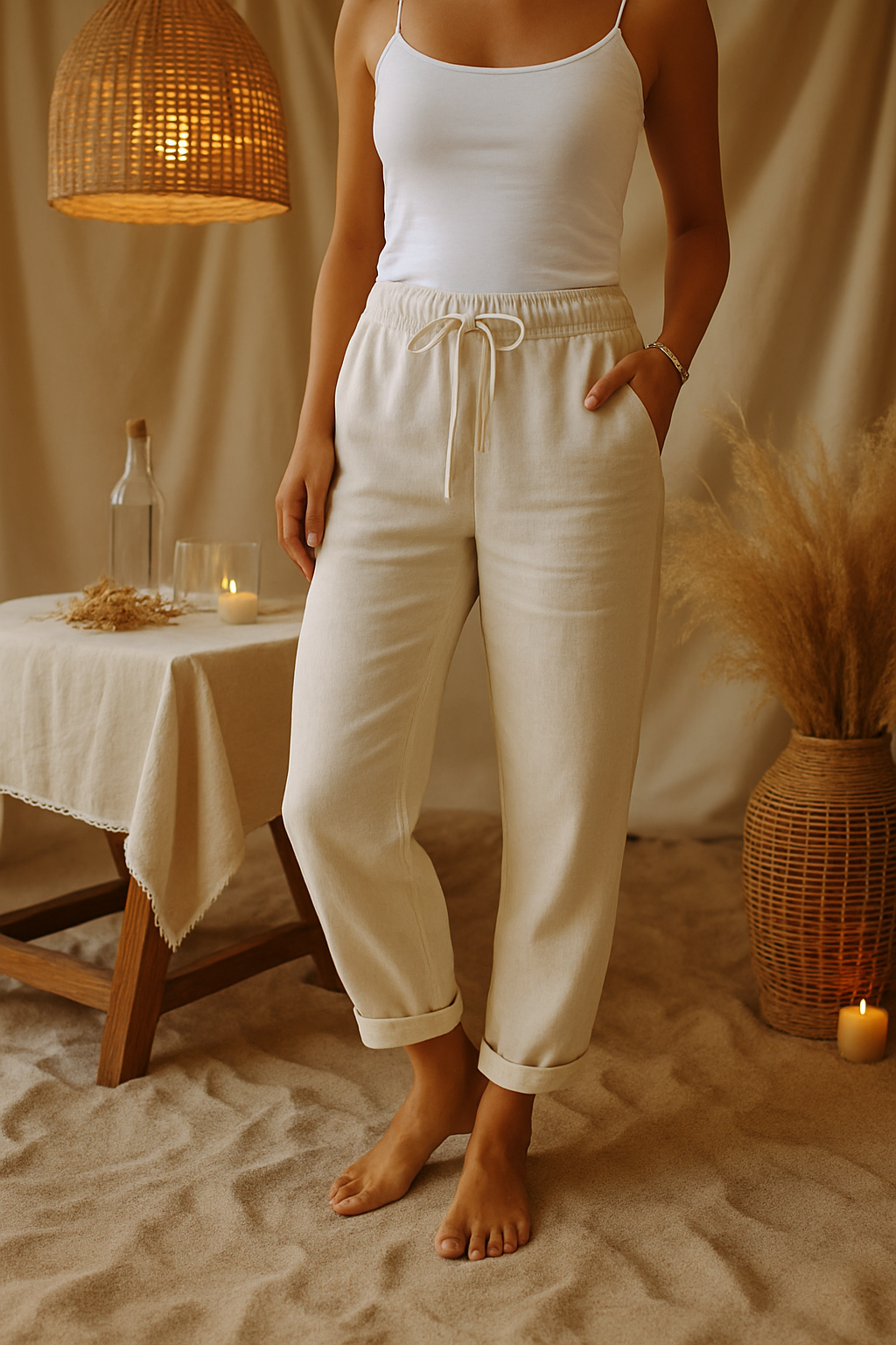 Ivory | Women's Casual Drawstring Cuffed Pants