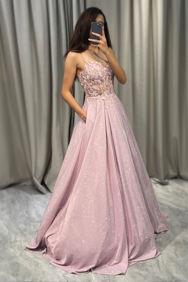 Olivia | Women's Pink Wedding Guest Dresses With Floral Appliqué And Glitter Skirt | Glamorous