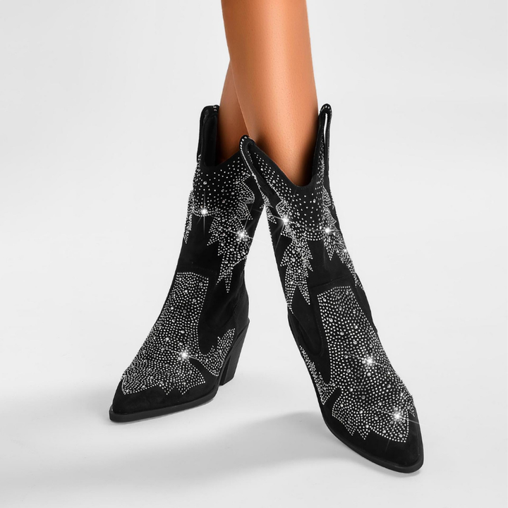 Sophia | Women's Black Cowgirl Boots With Rhinestone Detail And Block Heel | Glamorous