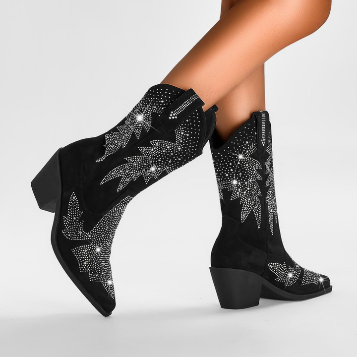 Sophia | Women's Black Cowgirl Boots With Rhinestone Detail And Block Heel | Glamorous