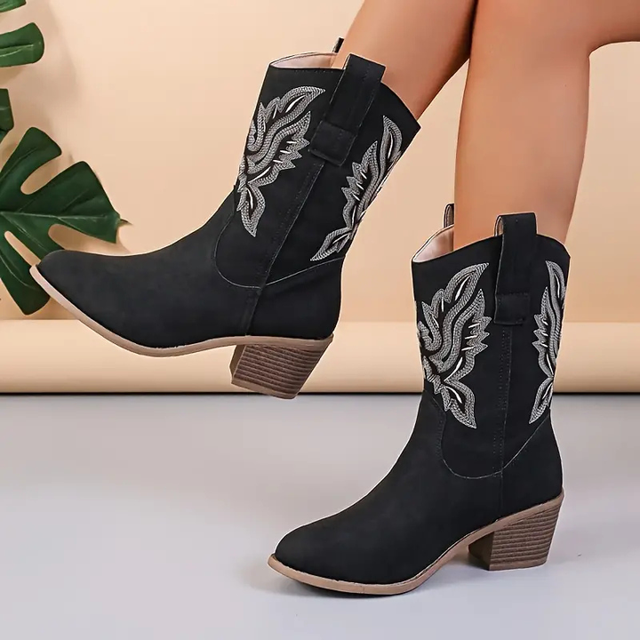 Sophia | Women's Cowgirl Boots With Embroidered Stitching And Stacked Heel | Classic
