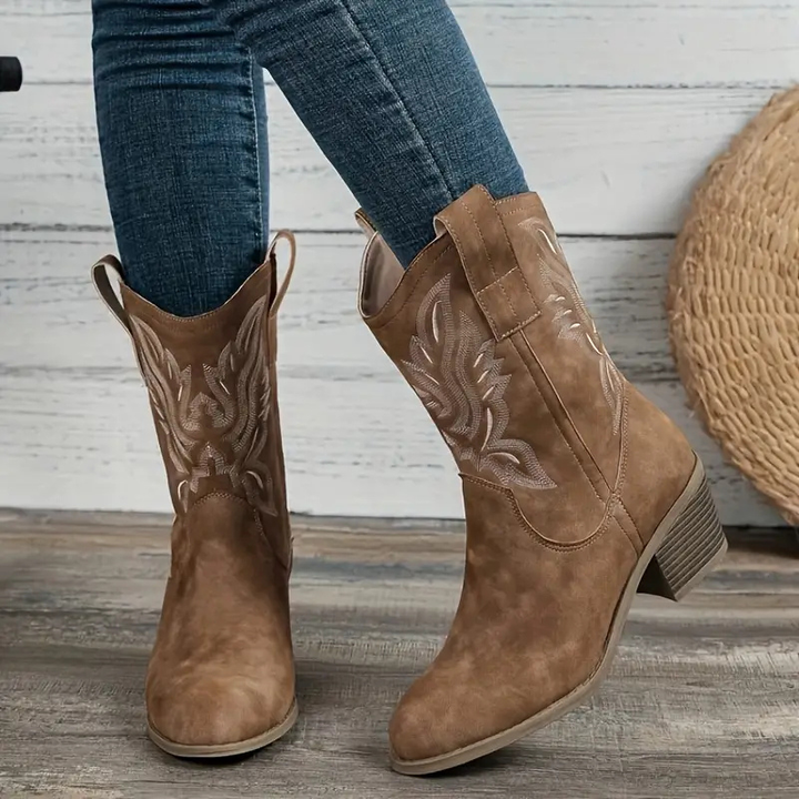 Sophia | Women's Cowgirl Boots With Embroidered Stitching And Stacked Heel | Classic